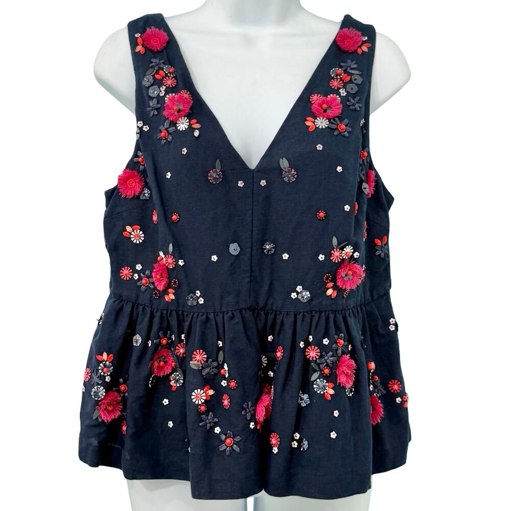 J. Crew Blue Pink Flowers Hand Embellished Linen Blend Peplum Tank Top size 12